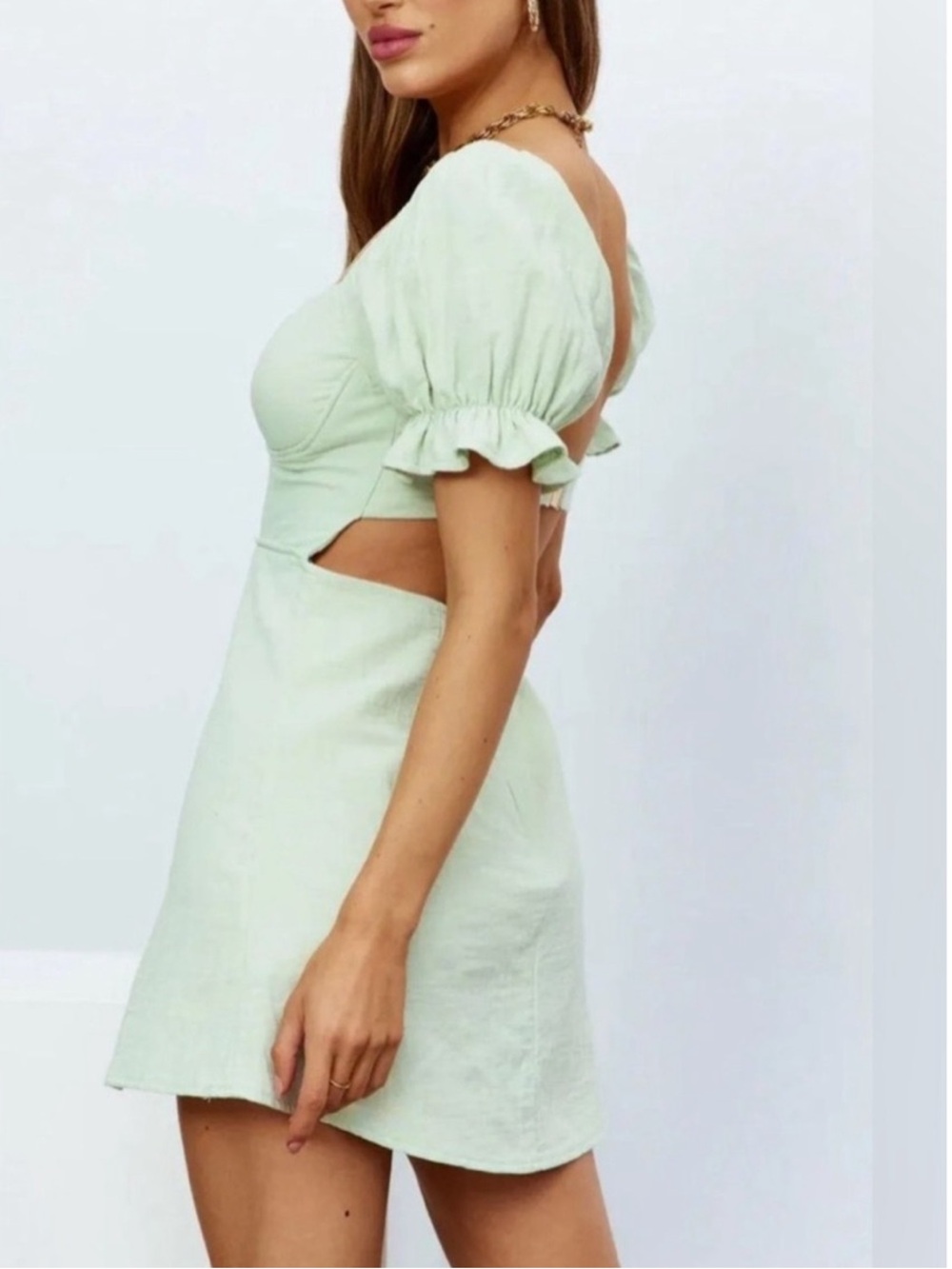 American Threads Norma Jean Mint Square-Neck Whimsical Puff Sleeve Mini Dress-S - Picture 2 of 11